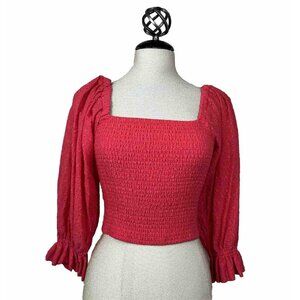 Anthropologie Hutch Blouse Top Red Smocked‎ Puff Long Sleeve Cropped 100% cotton